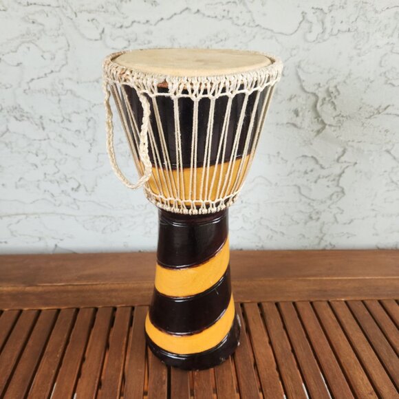 Hand-Carved African Djembe Drum | 15"H Goat Skin | Vintage Artisan Hand Drum - Picture 2 of 6